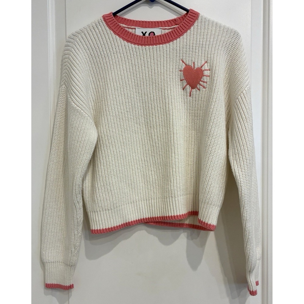 Kerri Rosenthal White Pink Heart Ribbed Knit Crewneck Sweater Size S